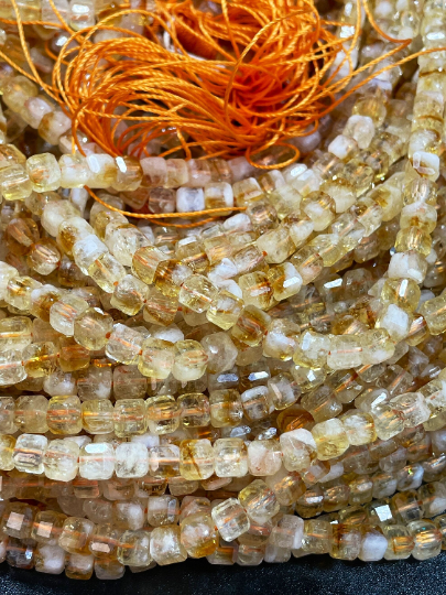 Natural Citrine Gemstone Bead Faceted 5mm Cube Shape Bead, Beautiful Natural Honey Yellow Orange Color Citrine Beads, Full Strand 15.5"