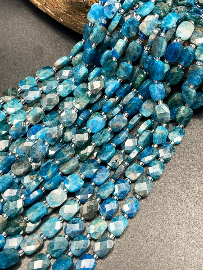 AAA Natural Apatite Gemstone Bead Faceted 8x10mm Rectangle Shape, Natural Blue Color Apatite Stone Bead, Full Strand 15.5"