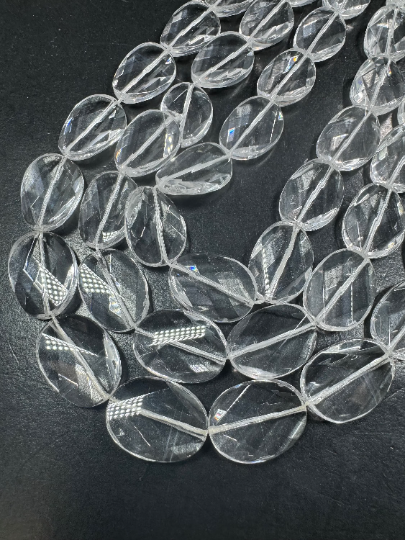 AAA Natural Rock Crystal Quartz Gemstone Bead, Faceted Curved Oval Shape, Clear Crystal Quartz Excellent Quality Full Strand 15.5"
