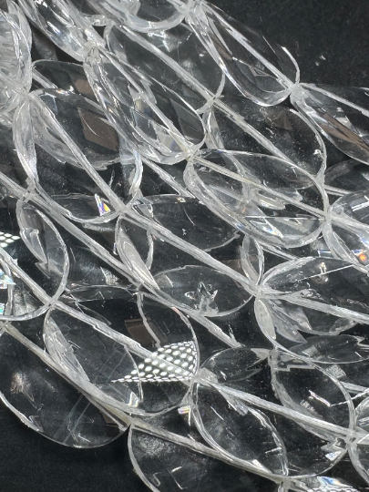 AAA Natural Rock Crystal Quartz Gemstone Bead, Faceted Curved Oval Shape, Clear Crystal Quartz Excellent Quality Full Strand 15.5"