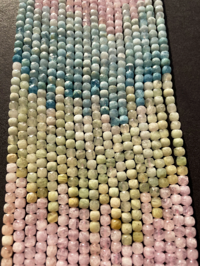 AAA Natural Morganite Gemstone Bead Faceted 4mm Cube Shape, Beautiful Multicolor Pink Blue Green Morganite Beads, 15.5"