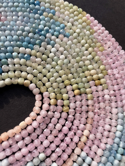 AAA Natural Morganite Gemstone Bead Faceted 4mm Cube Shape, Beautiful Multicolor Pink Blue Green Morganite Beads, 15.5"