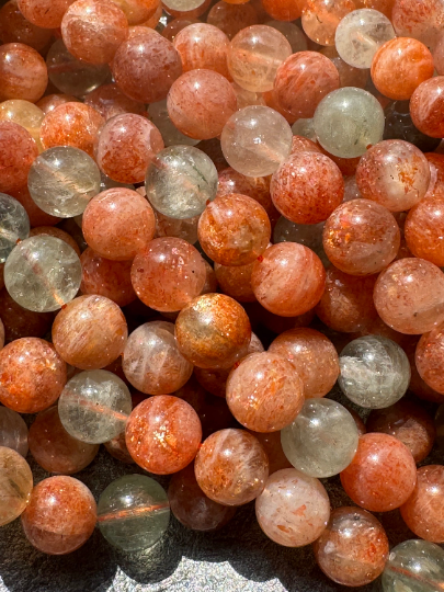 AAA Fire Sunstone Gemstone Beads, Gorgeous Natural Fire Orange Color Sunstone Beads with Rutilated Quartz, Excellent Quality Full Strand 15.5"