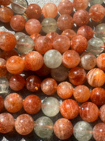 AAA Fire Sunstone Gemstone Beads, Gorgeous Natural Fire Orange Color Sunstone Beads with Rutilated Quartz, Excellent Quality Full Strand 15.5"