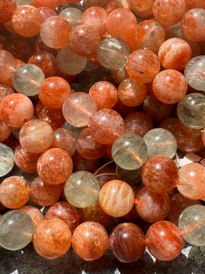 AAA Fire Sunstone Gemstone Beads, Gorgeous Natural Fire Orange Color Sunstone Beads with Rutilated Quartz, Excellent Quality Full Strand 15.5"