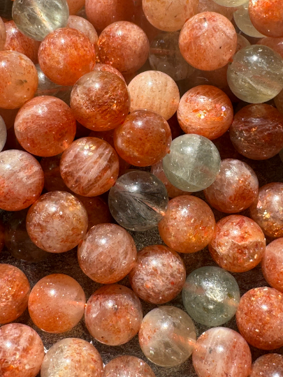 AAA Fire Sunstone Gemstone Beads, Gorgeous Natural Fire Orange Color Sunstone Beads with Rutilated Quartz, Excellent Quality Full Strand 15.5"