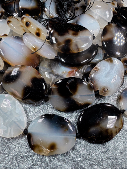Natural Black Cherry Flower Agate Gemstone Bead Oval Shape Bead, Beautiful Natural Black White Clear Color Flower Agate Beads, 15.5" Strand