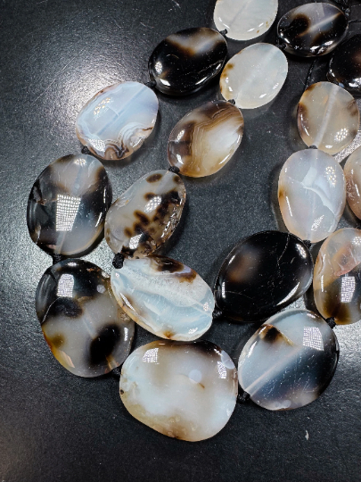 Natural Black Cherry Flower Agate Gemstone Bead Oval Shape Bead, Beautiful Natural Black White Clear Color Flower Agate Beads, 15.5" Strand