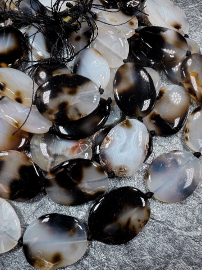 Natural Black Cherry Flower Agate Gemstone Bead Oval Shape Bead, Beautiful Natural Black White Clear Color Flower Agate Beads, 15.5" Strand