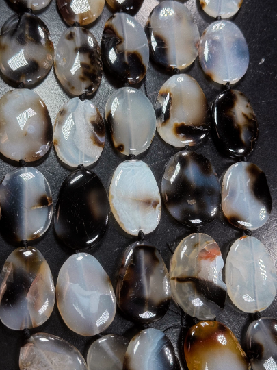 Natural Black Cherry Flower Agate Gemstone Bead Oval Shape Bead, Beautiful Natural Black White Clear Color Flower Agate Beads, 15.5" Strand