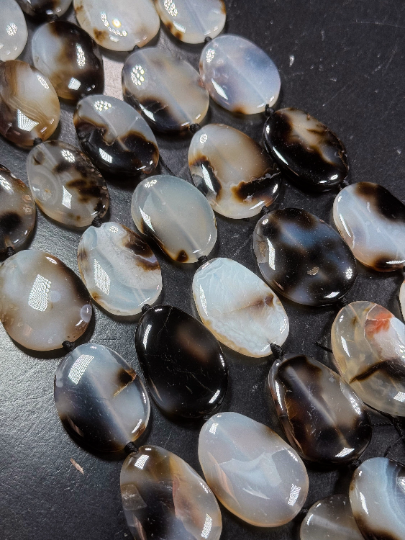 Natural Black Cherry Flower Agate Gemstone Bead Oval Shape Bead, Beautiful Natural Black White Clear Color Flower Agate Beads, 15.5" Strand