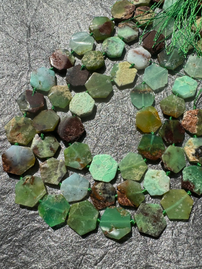 Natural Chrysoprase Gemstone Bead 20mm Hexagon Shape Bead, Gorgeous Natural Green Brown Chrysoprase Stone Beads, 15.5" Strand