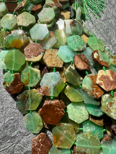 Natural Chrysoprase Gemstone Bead 20mm Hexagon Shape Bead, Gorgeous Natural Green Brown Chrysoprase Stone Beads, 15.5" Strand