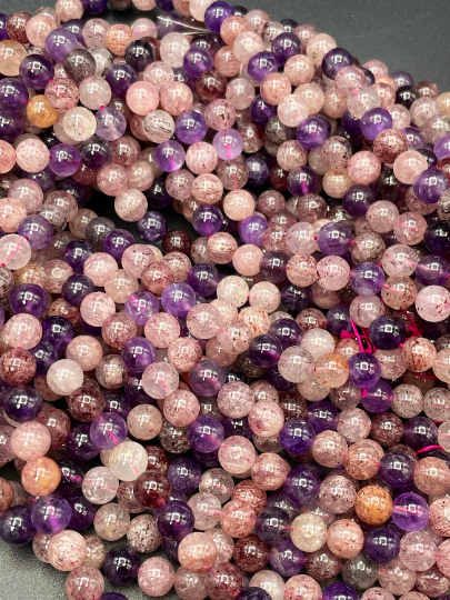Natural Mixed Gemstone Bead 6mm 8mm 10mm Round Beads, Gorgeous Natural Purple Amethyst & Pink Strawberry Quartz Beads, Excellent Quality Stone Beads