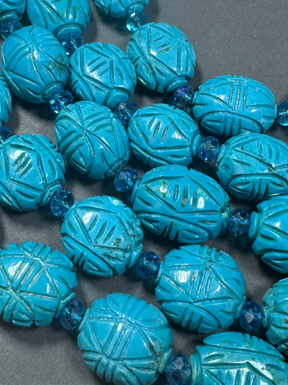 Hand Carved Blue Turquoise Gemstone Beads, Oval Shape Excellent Quality Handmade Unique Design Turquoise Beads