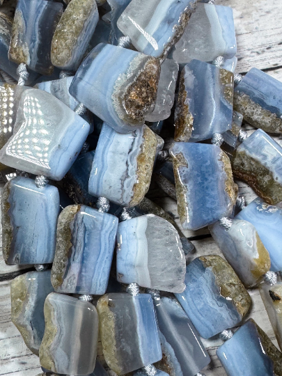 Natural Blue Lace Agate Gemstone Bead Freeform Rectangle Shape, Gorgeous Natural Blue Beige Color Blue Lace Agate Beads, Full Strand 15.5"