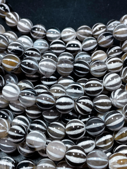 Natural Tibetan Gemstone Bead 6mm 8mm 10mm Round Bead, Beautiful White Black Dzi Striped Tibetan Agate Bead 15.5" Strand