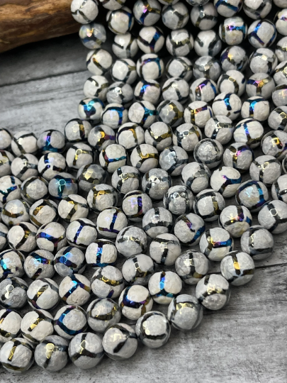 Mystic Natural Galaxy Tibetan Gemstone Bead Faceted 6mm 8mm 10mm 12mm Round Beads, Gorgeous Galaxy Purple Color Honeycomb Design Tibetan Beads 15.5" Strand