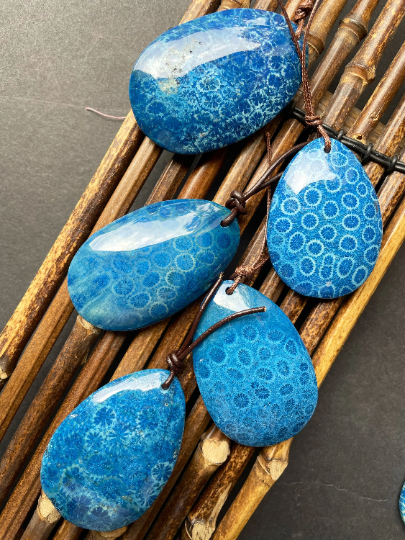 Beautiful Natural Fossil Coral Stone Pendant 30x45mm Teardrop Shape. Beautiful Blue Color Fossil Coral Gemstone Pendant Great Quality Pendant