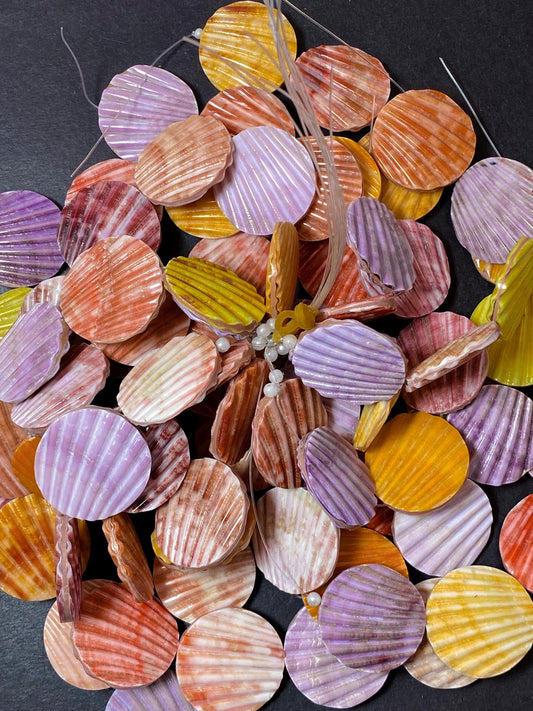 Natural Spiny Oyster Shell Bead Ribbed Coin Shape 20mm 25mm 30mm Gorgeous Colorful Beads Loose Bead Loose Oyster Shell Half Strand 7.5"