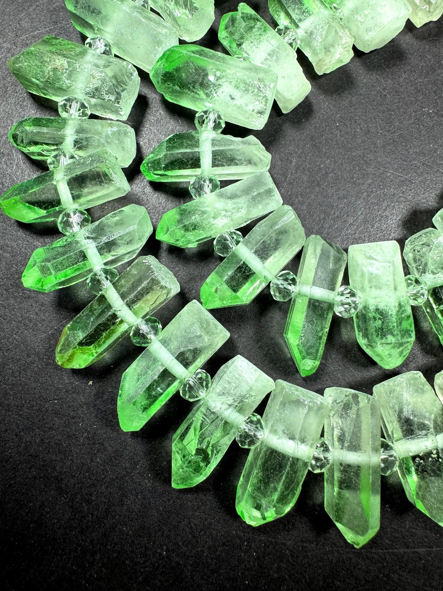 100% Natural Rock Crystal quartz . freedom teeth shape . Pear green color . full strand 15.5