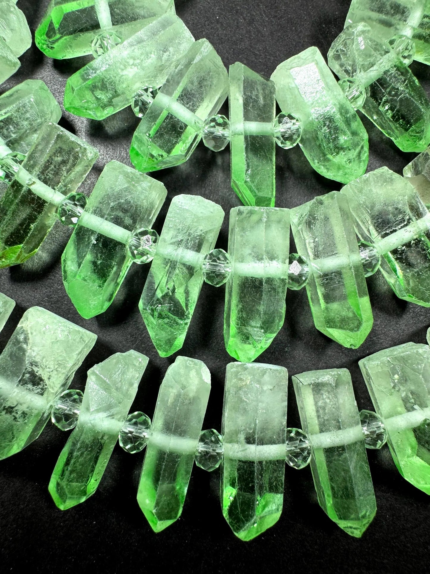 100% Natural Rock Crystal quartz . freedom teeth shape . Pear green color . full strand 15.5