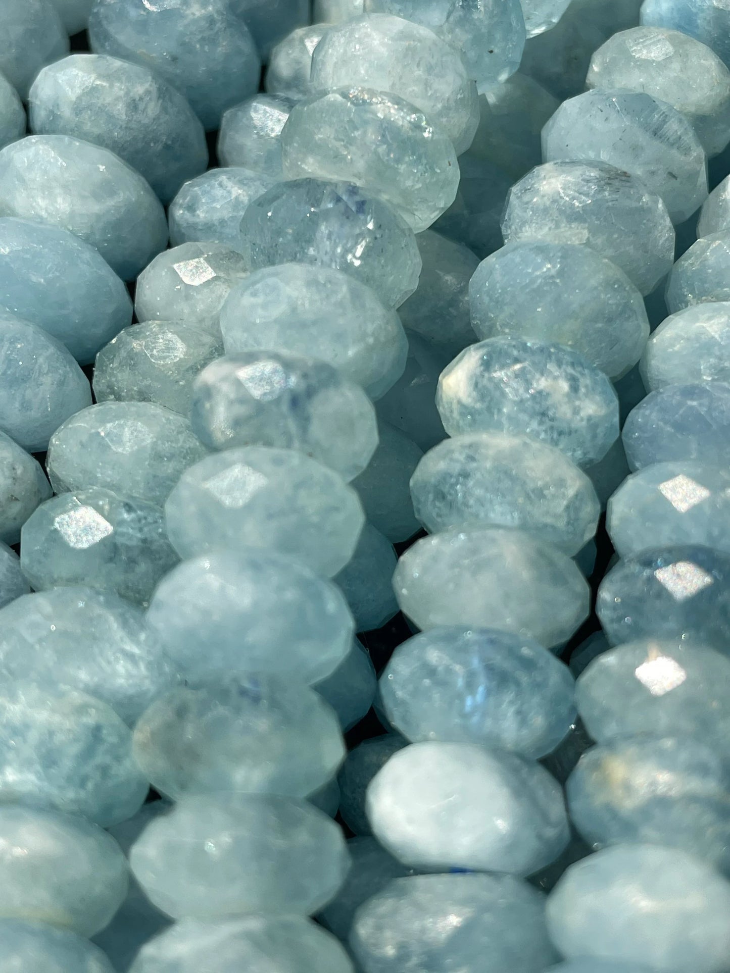 AAA Natural Blue Aquamarine Stone Bead. Faceted 4x7m, 5x8mm, 6x9mm, 6x10mm Rondelle Shape. Beautiful Natural Blue Color. Real Nice Quality!