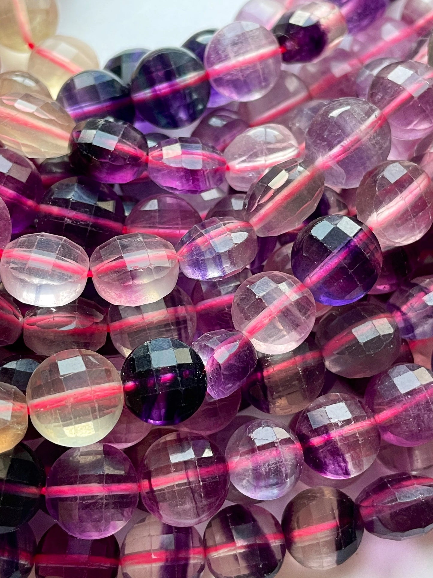AAA Natural fluorite stone bead. Faceted 10mm coin shape bead. Gorgeous natural purple green color with yellow fluorite gemstone 15.5”/ 7.5"
