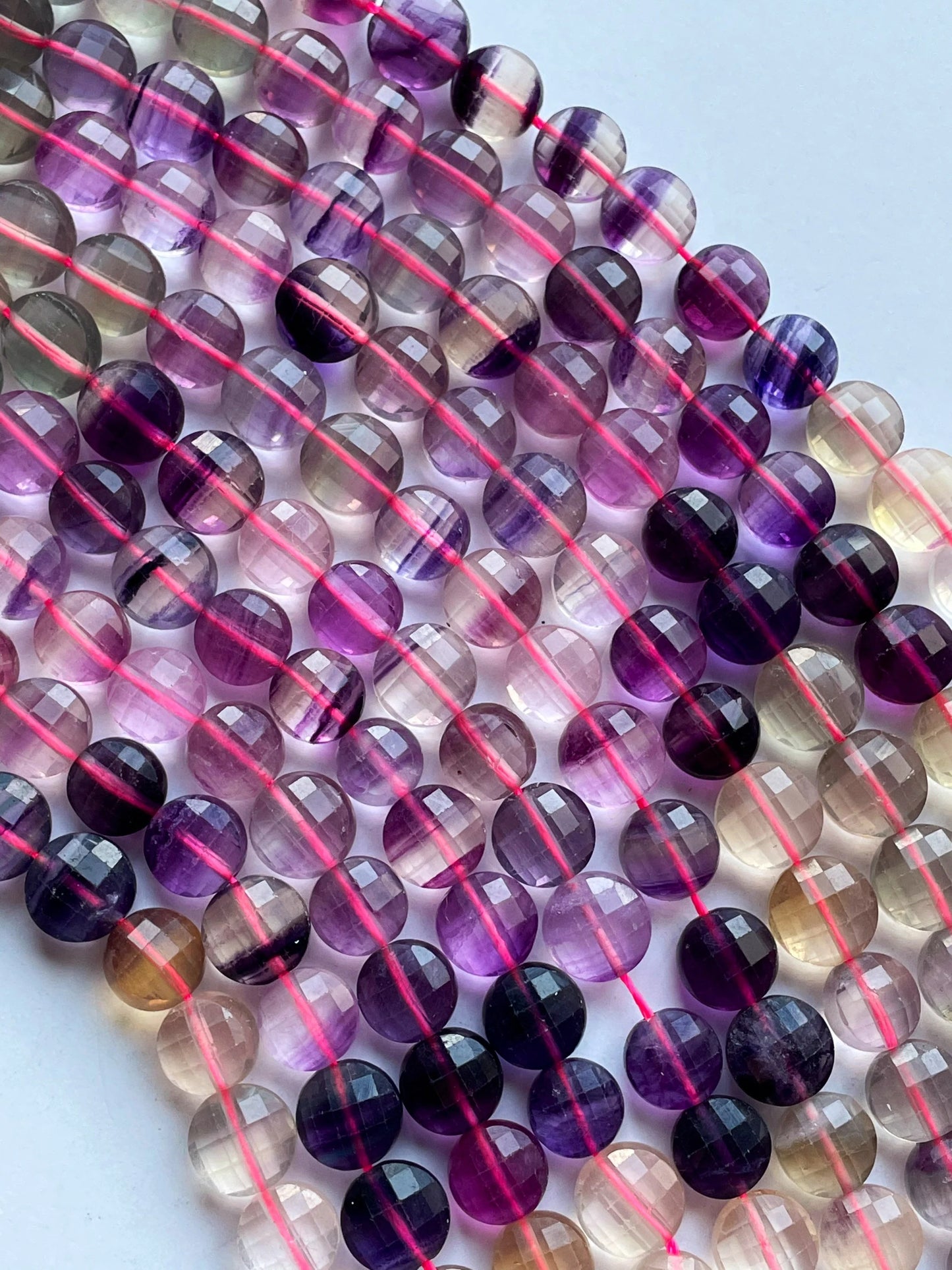 AAA Natural fluorite stone bead. Faceted 10mm coin shape bead. Gorgeous natural purple green color with yellow fluorite gemstone 15.5”/ 7.5"