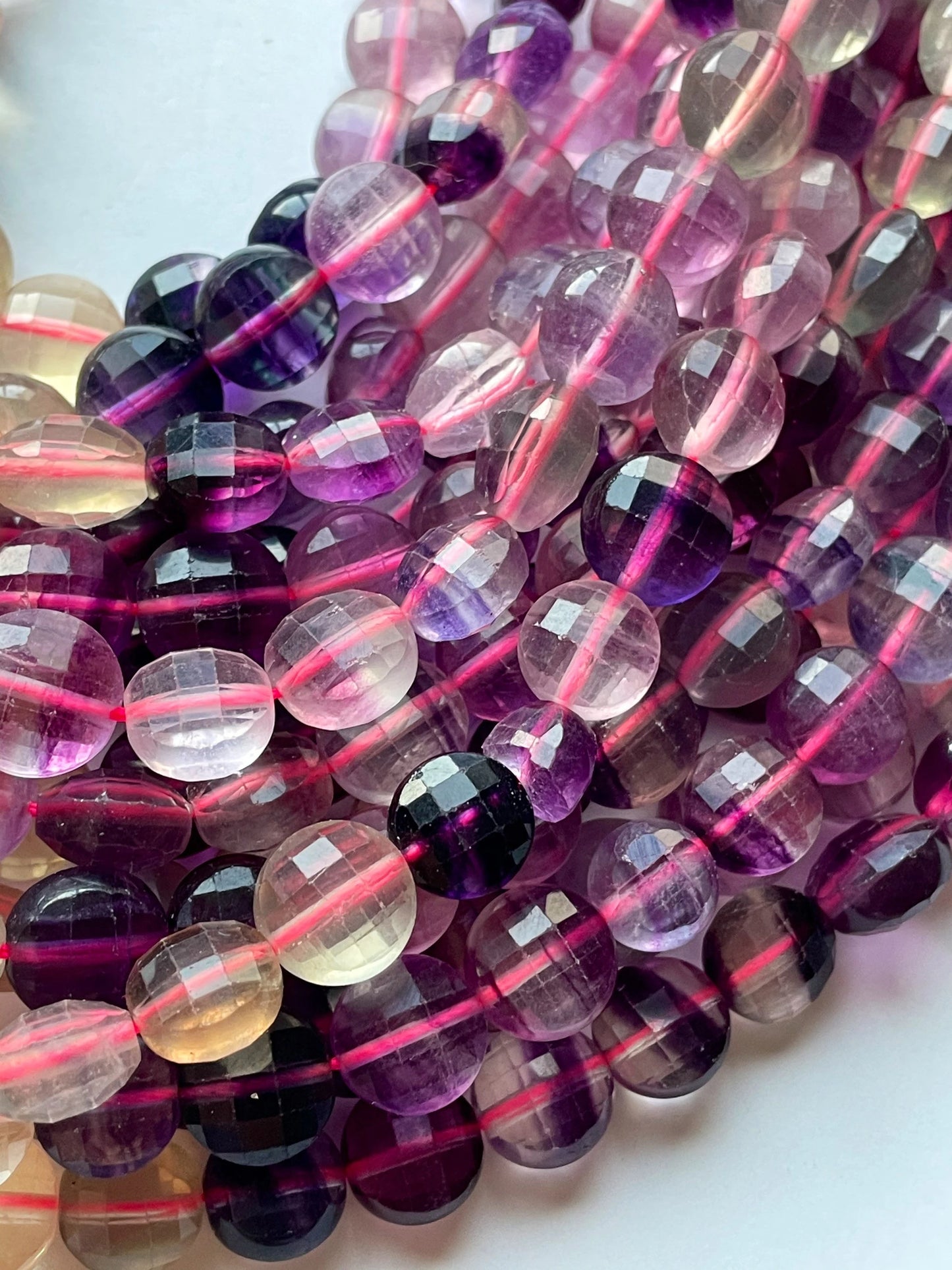 AAA Natural fluorite stone bead. Faceted 10mm coin shape bead. Gorgeous natural purple green color with yellow fluorite gemstone 15.5”/ 7.5"