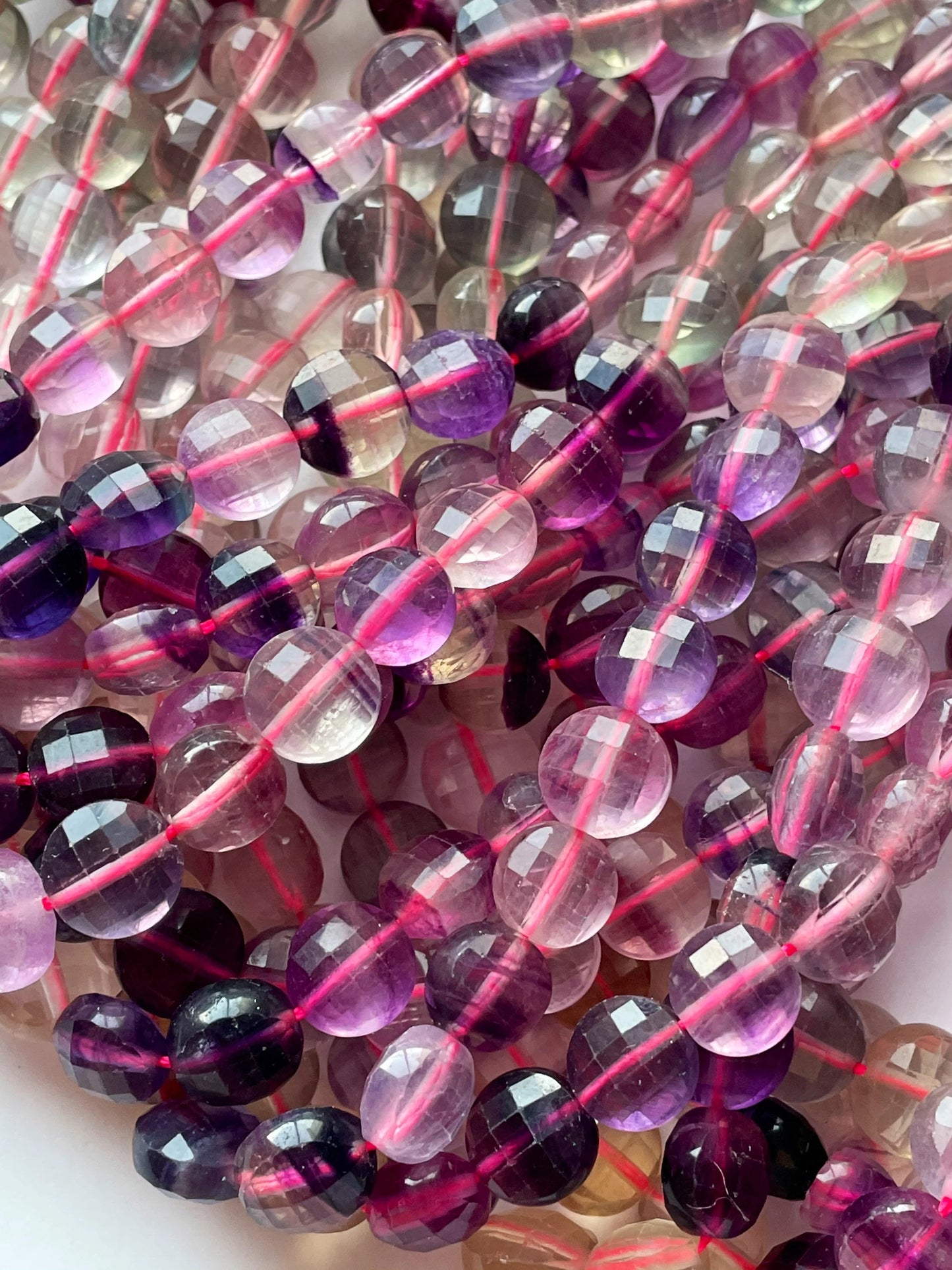 AAA Natural fluorite stone bead. Faceted 10mm coin shape bead. Gorgeous natural purple green color with yellow fluorite gemstone 15.5”/ 7.5"