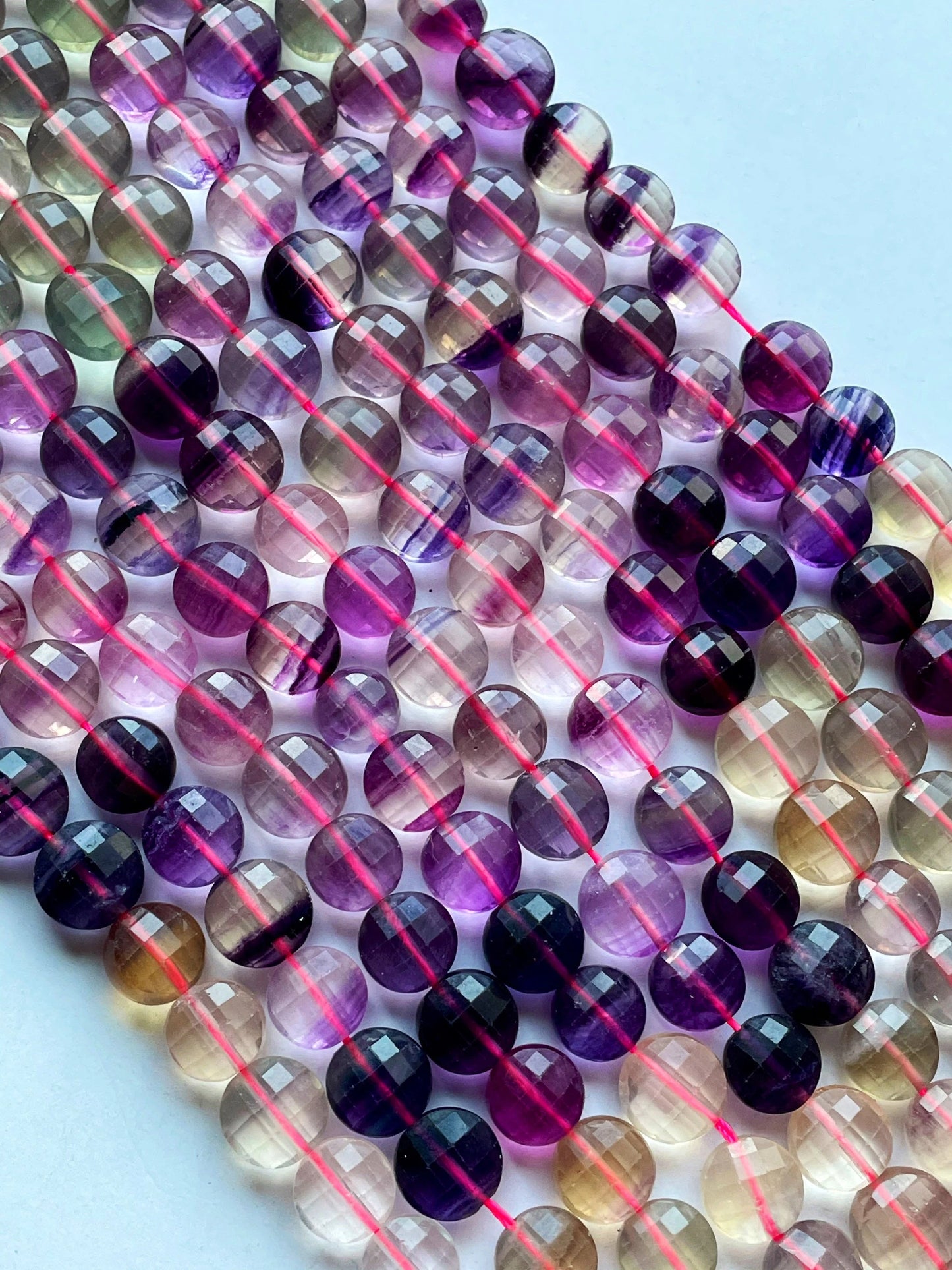 AAA Natural fluorite stone bead. Faceted 10mm coin shape bead. Gorgeous natural purple green color with yellow fluorite gemstone 15.5”/ 7.5"