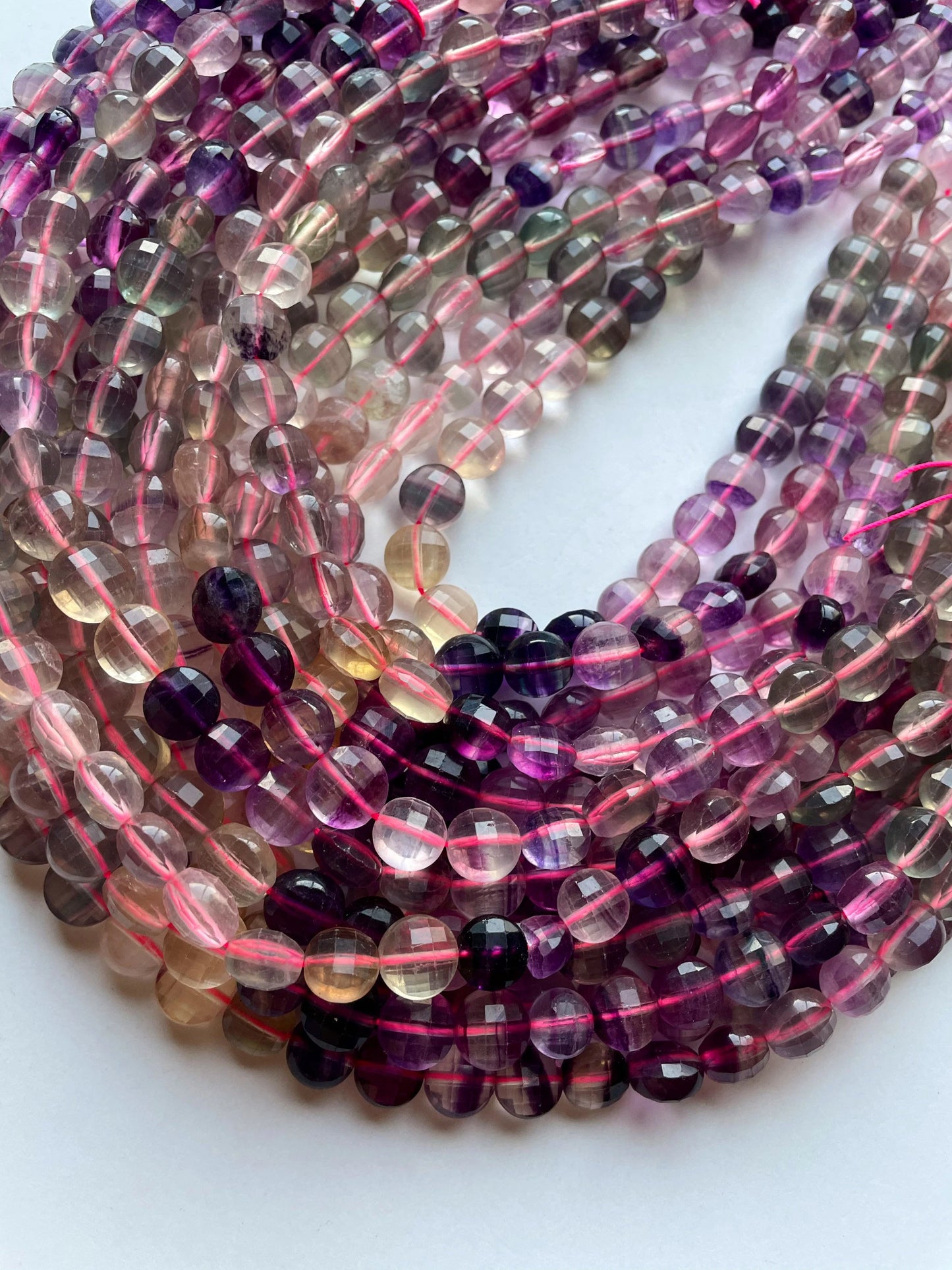 AAA Natural fluorite stone bead. Faceted 10mm coin shape bead. Gorgeous natural purple green color with yellow fluorite gemstone 15.5”/ 7.5"