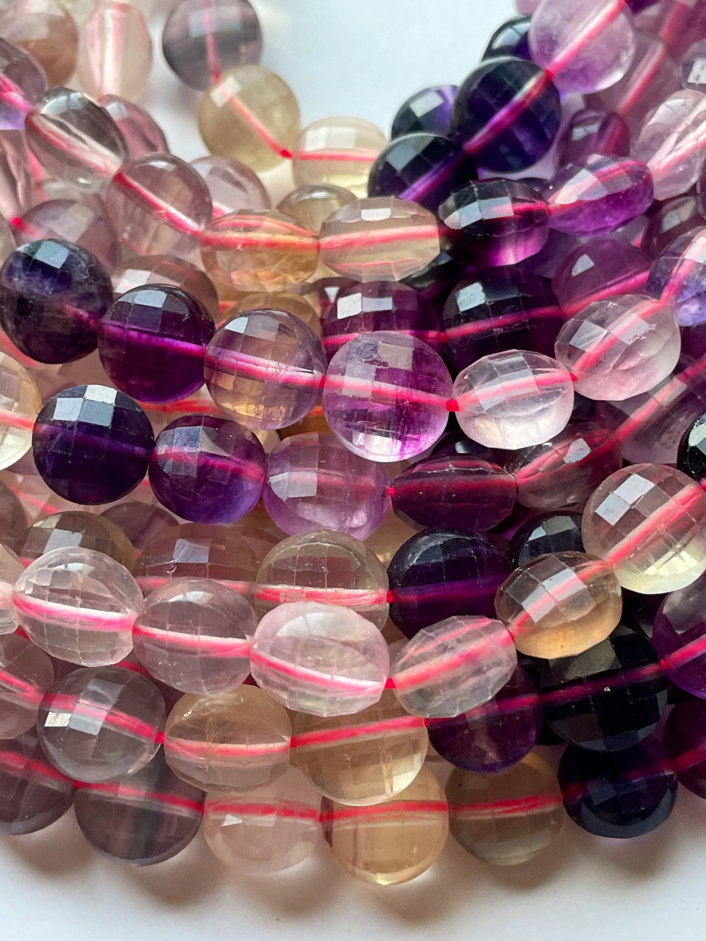AAA Natural fluorite stone bead. Faceted 10mm coin shape bead. Gorgeous natural purple green color with yellow fluorite gemstone 15.5”/ 7.5"