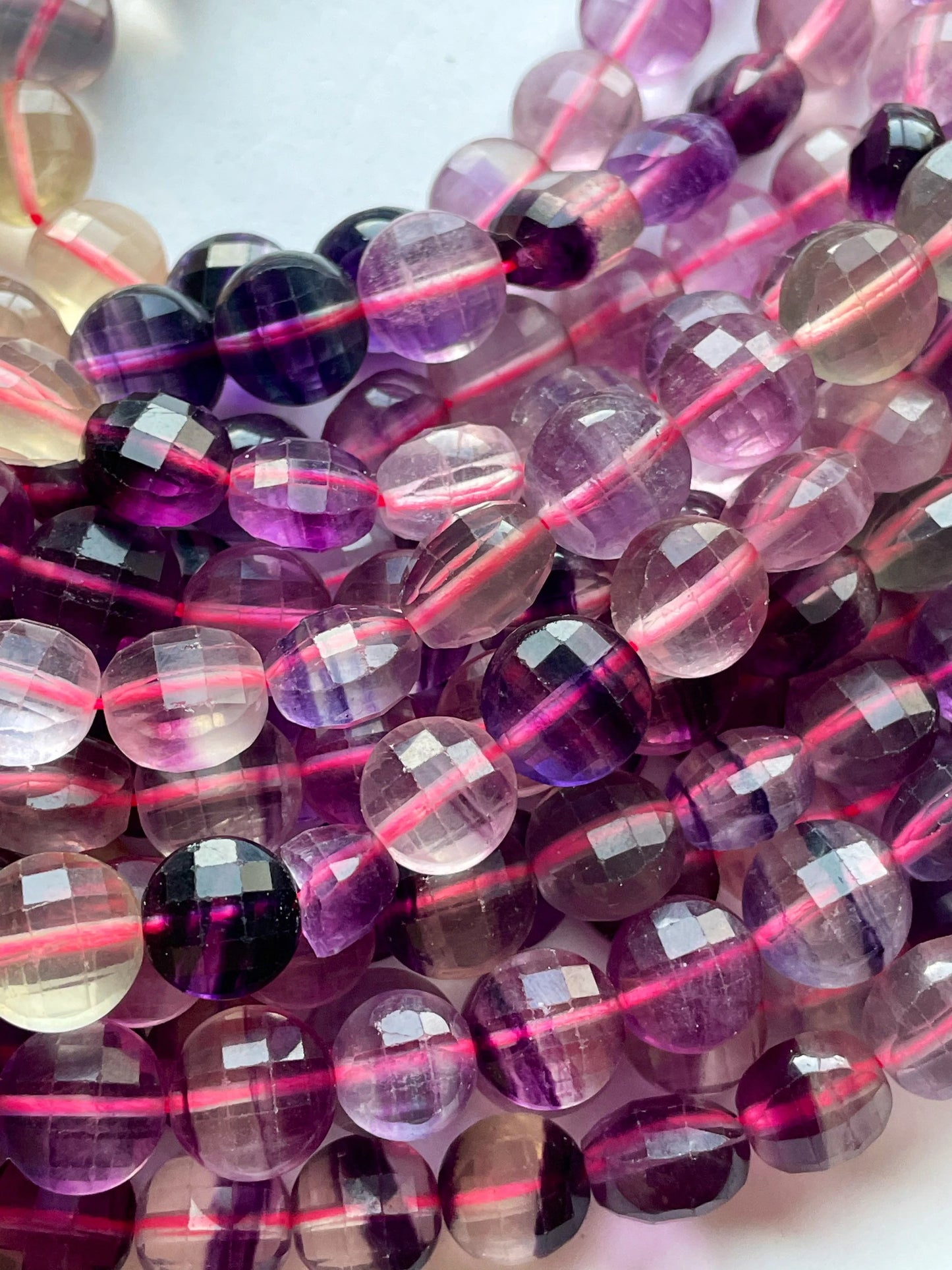AAA Natural fluorite stone bead. Faceted 10mm coin shape bead. Gorgeous natural purple green color with yellow fluorite gemstone 15.5”/ 7.5"