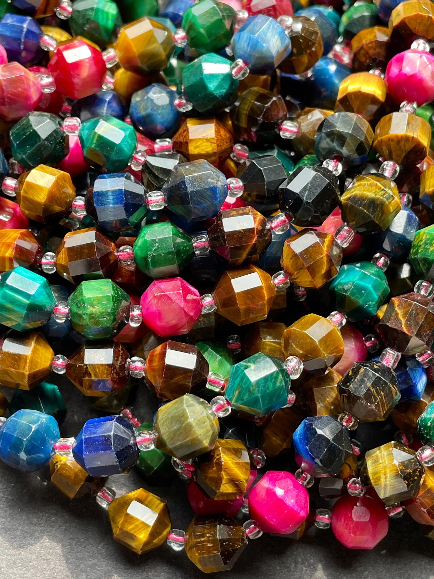AAA Natural multi tiger eye stone bead. Faceted 8mm 9mm diamond cut shape bead. Gorgeous blue green yellow pink color tiger eye gemstone