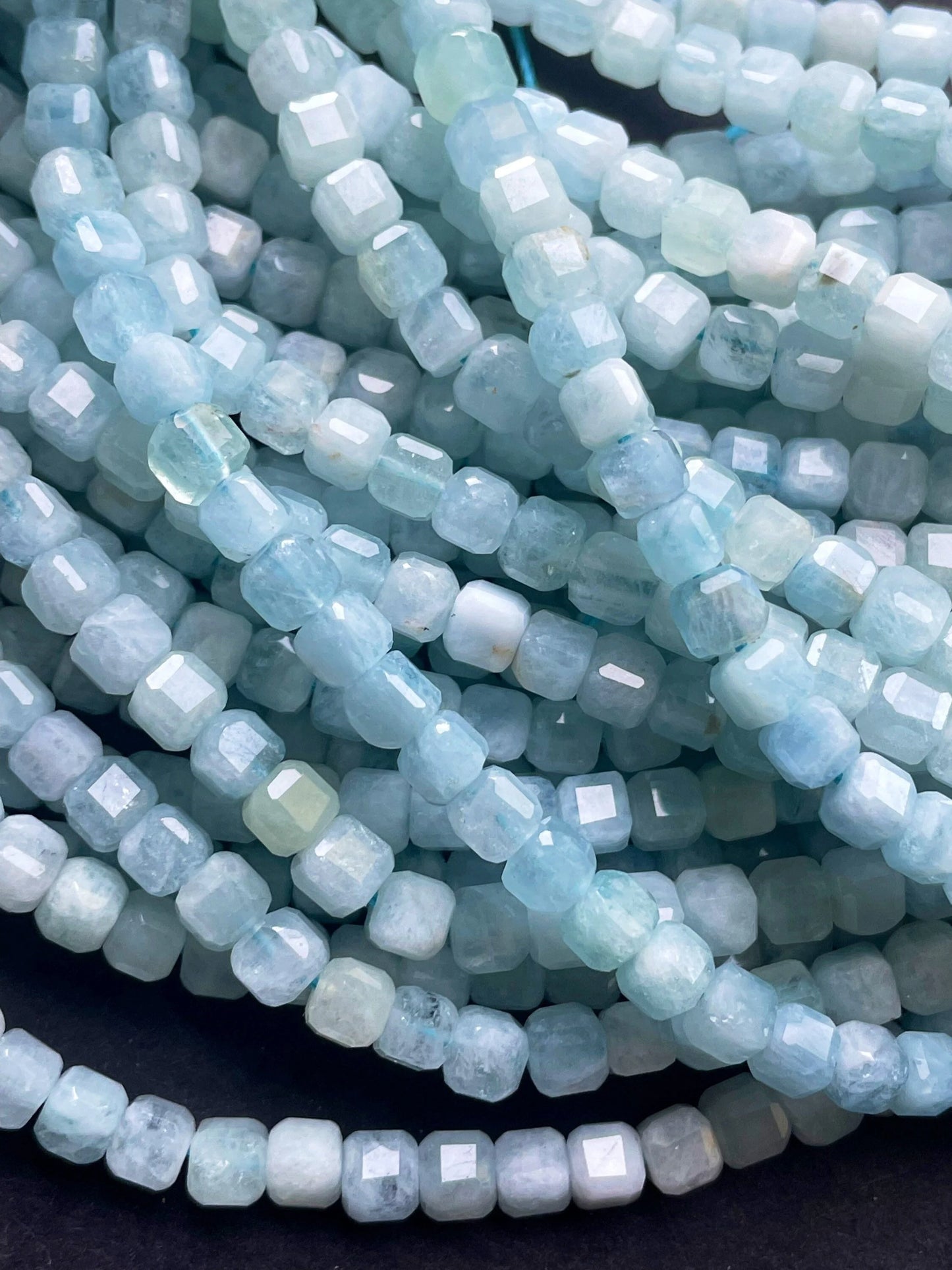 AAA Natural aquamarine stone bead. 4mm 8mmfaceted square shape. Beautiful natural sea blue color aquamarine gemstone bead. full strand 15.5”