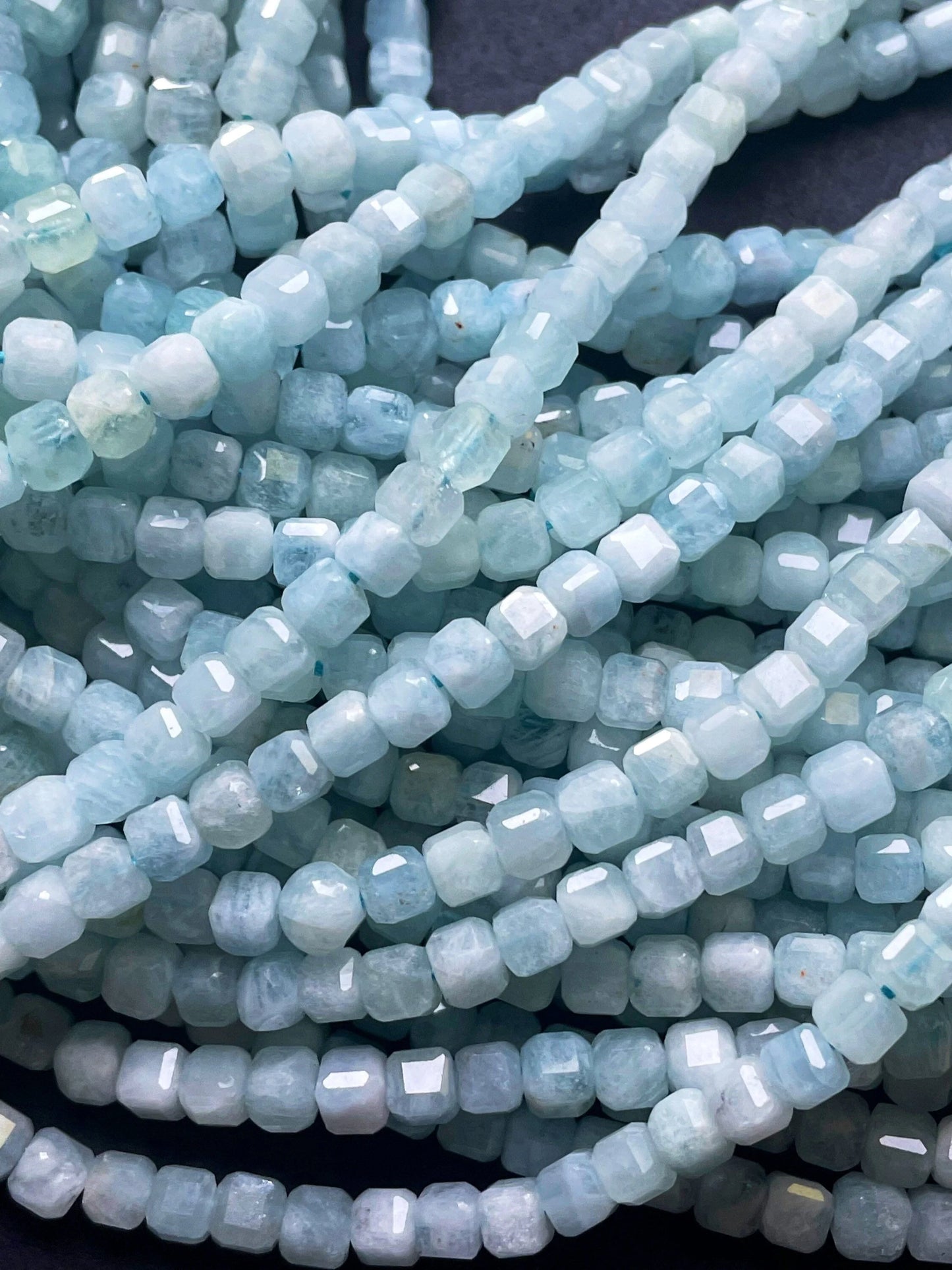 AAA Natural aquamarine stone bead. 4mm 8mmfaceted square shape. Beautiful natural sea blue color aquamarine gemstone bead. full strand 15.5”