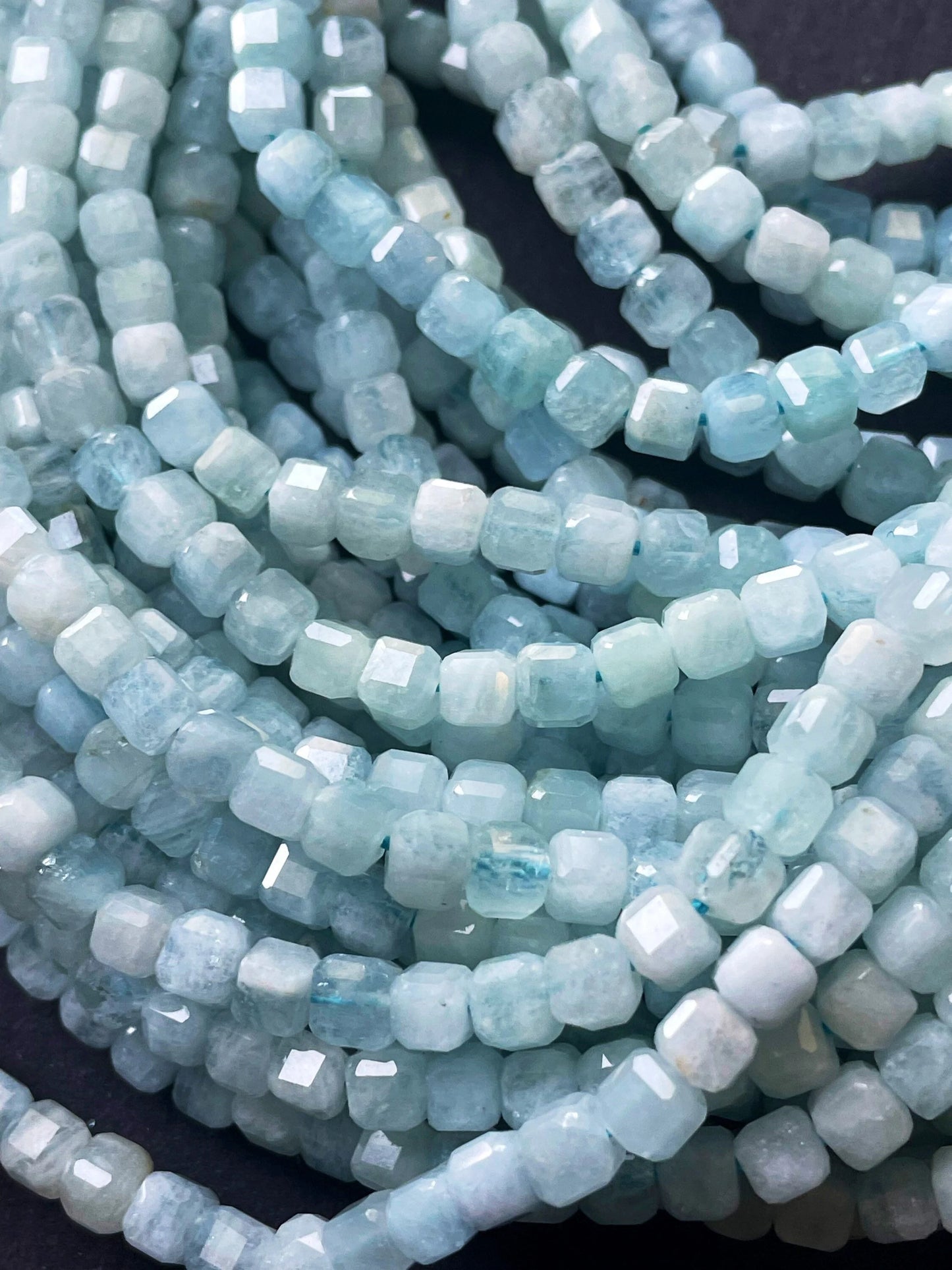 AAA Natural aquamarine stone bead. 4mm 8mmfaceted square shape. Beautiful natural sea blue color aquamarine gemstone bead. full strand 15.5”