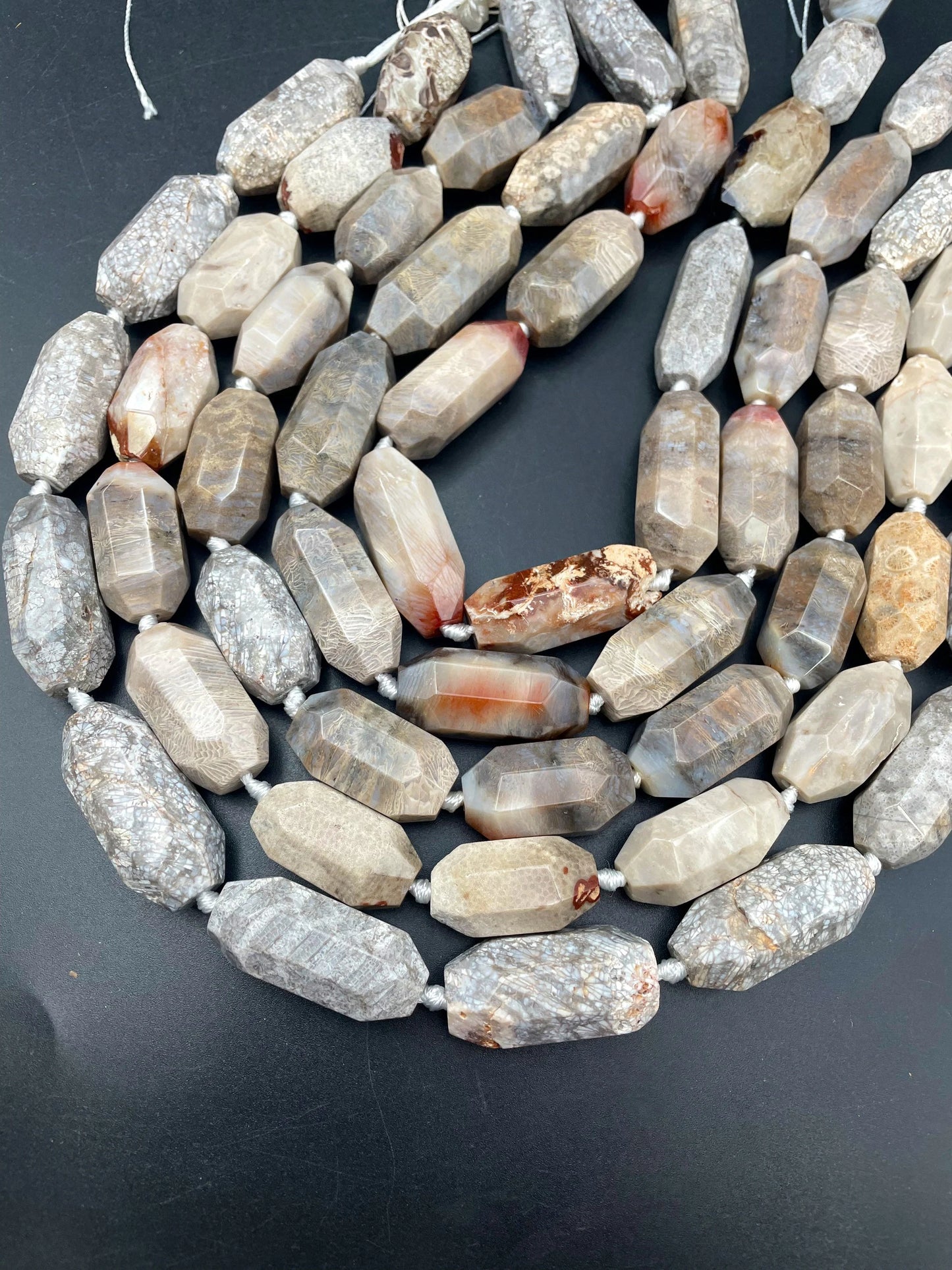 AAA Natural fossil coral stone bead. Faceted 14x40mm barrel shape. Gorgeous natural color fossil coral gemstone. High quality beads !