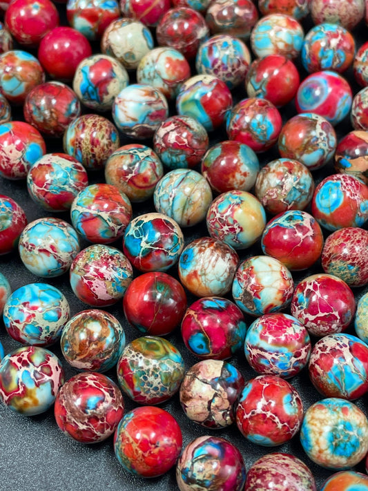 AAA Natural galaxy Sea sediment jasper . 6mm 8mm  10mm smooth round bead. Beautiful red turquoise blue color sea sediment jasper gemstone