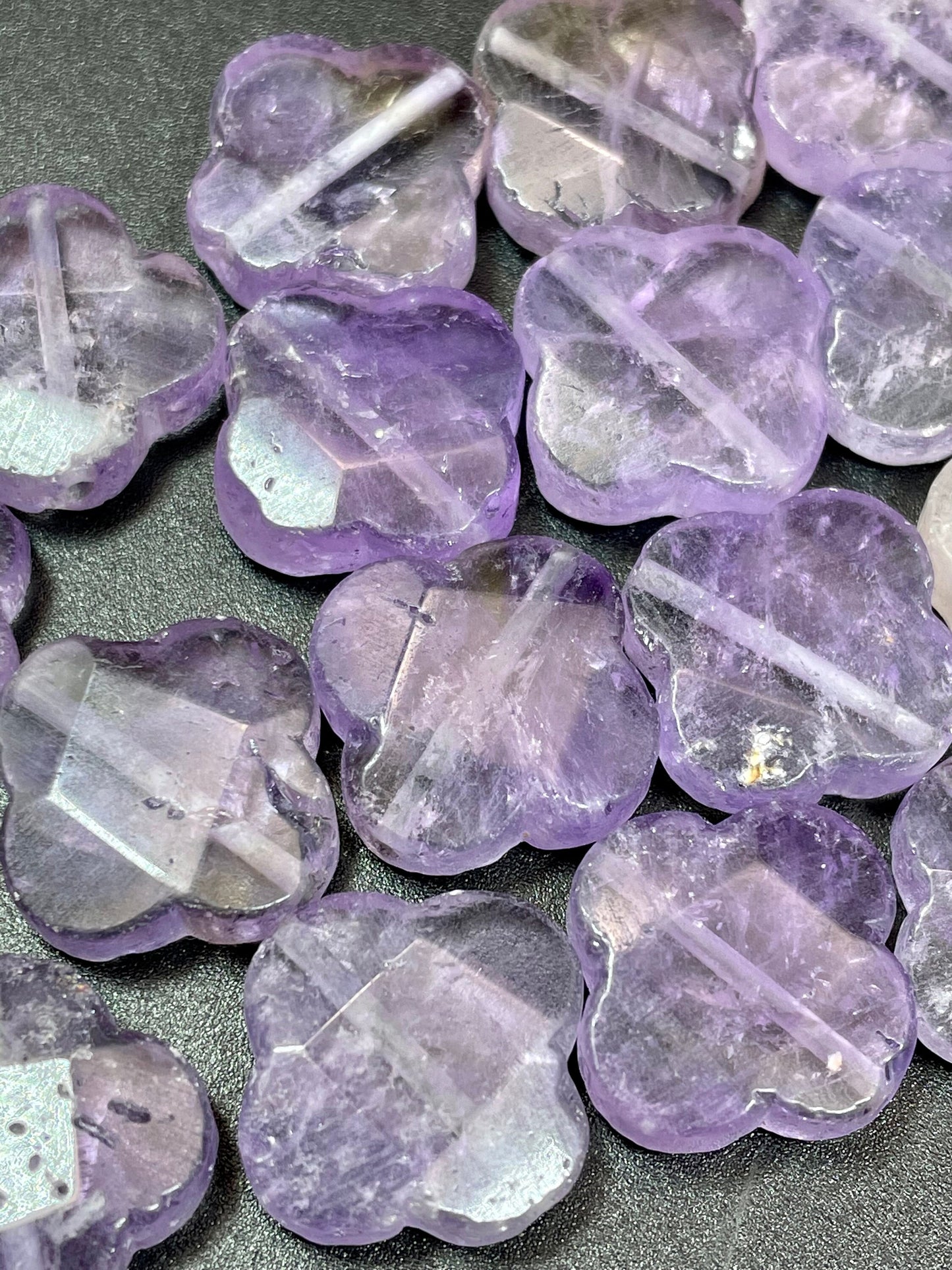 Natural amethyst stone bead. 17x17mm faceted clover flower shape. Gorgeous natural purple lavender color. Great quality amethyst pendant.