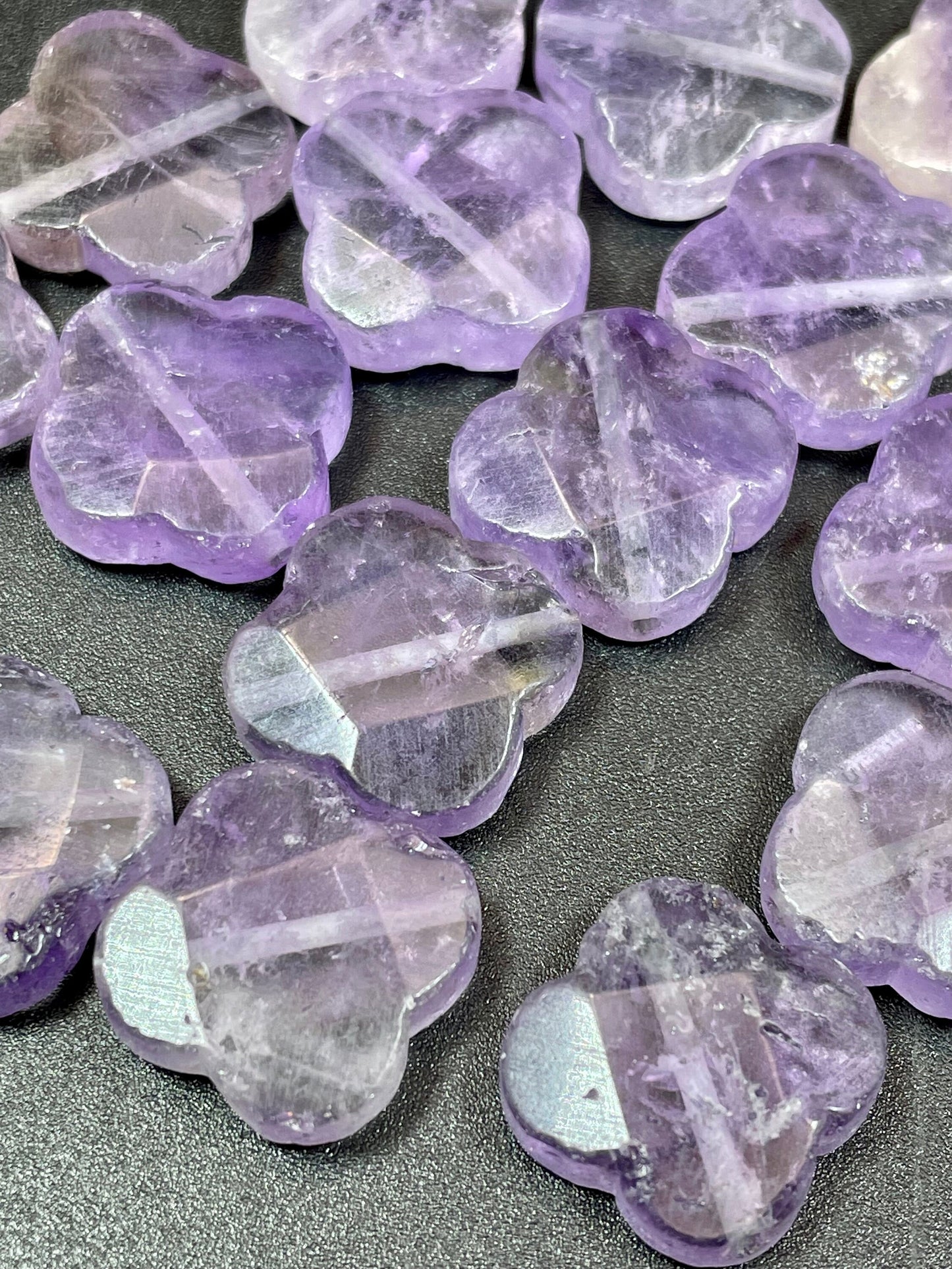Natural amethyst stone bead. 17x17mm faceted clover flower shape. Gorgeous natural purple lavender color. Great quality amethyst pendant.