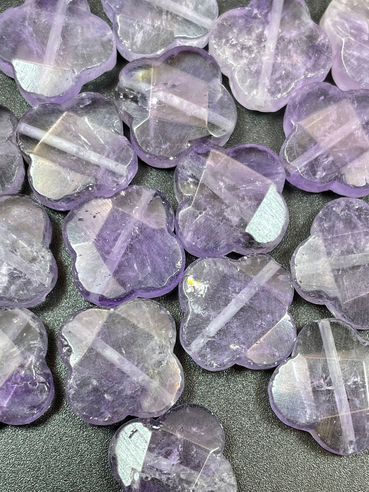 Natural amethyst stone bead. 17x17mm faceted clover flower shape. Gorgeous natural purple lavender color. Great quality amethyst pendant.