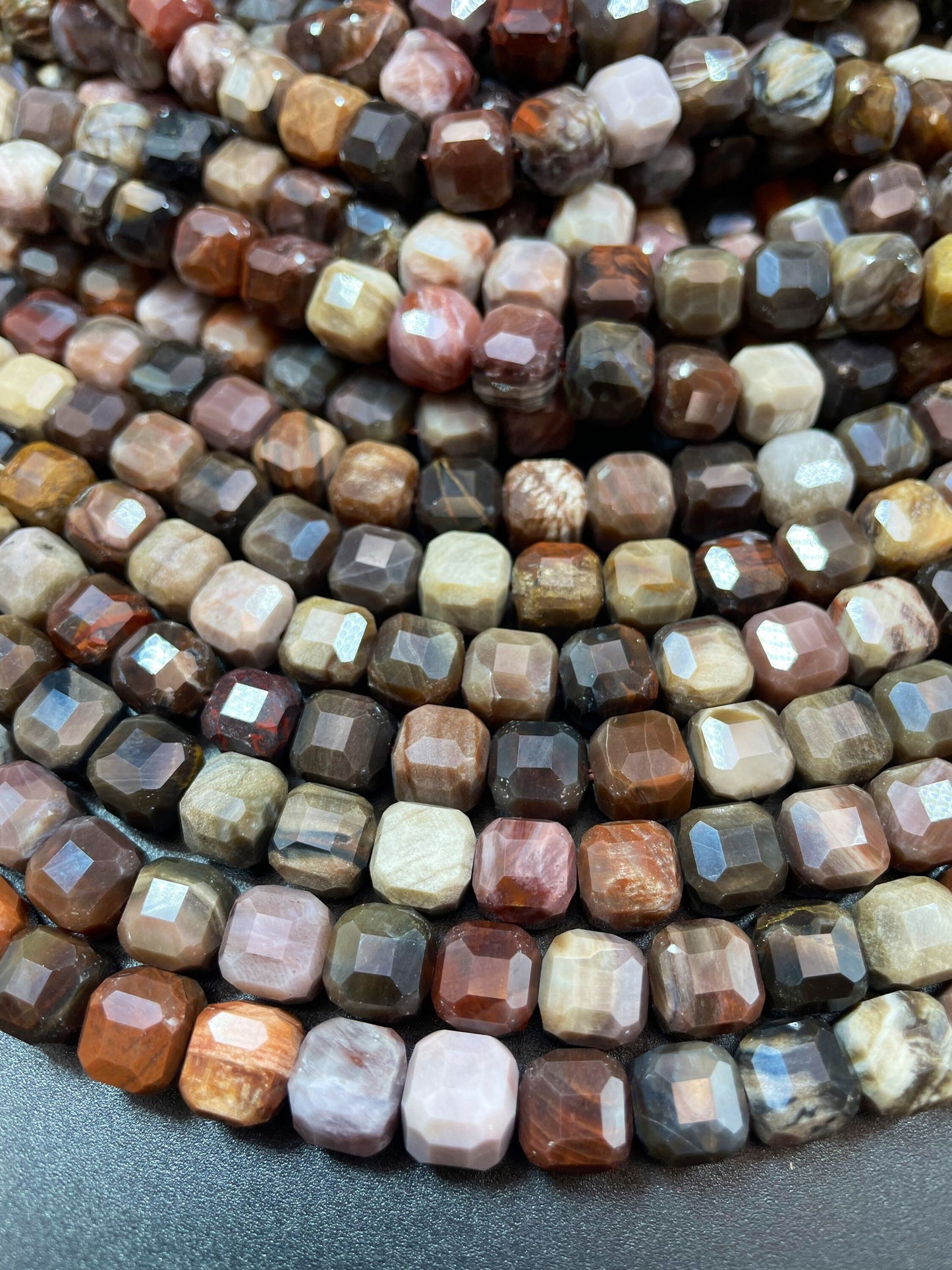 AAA natural Petrified Wood jasper. Faceted 9mm cube shape bead. Gorgeous natural brown orange Gray color. High quality gemstone bead!