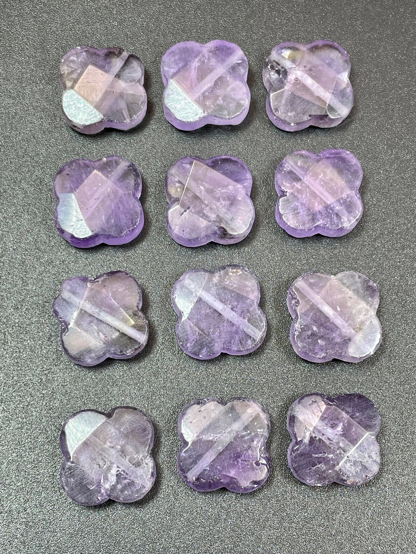 Natural amethyst stone bead. 17x17mm faceted clover flower shape. Gorgeous natural purple lavender color. Great quality amethyst pendant.