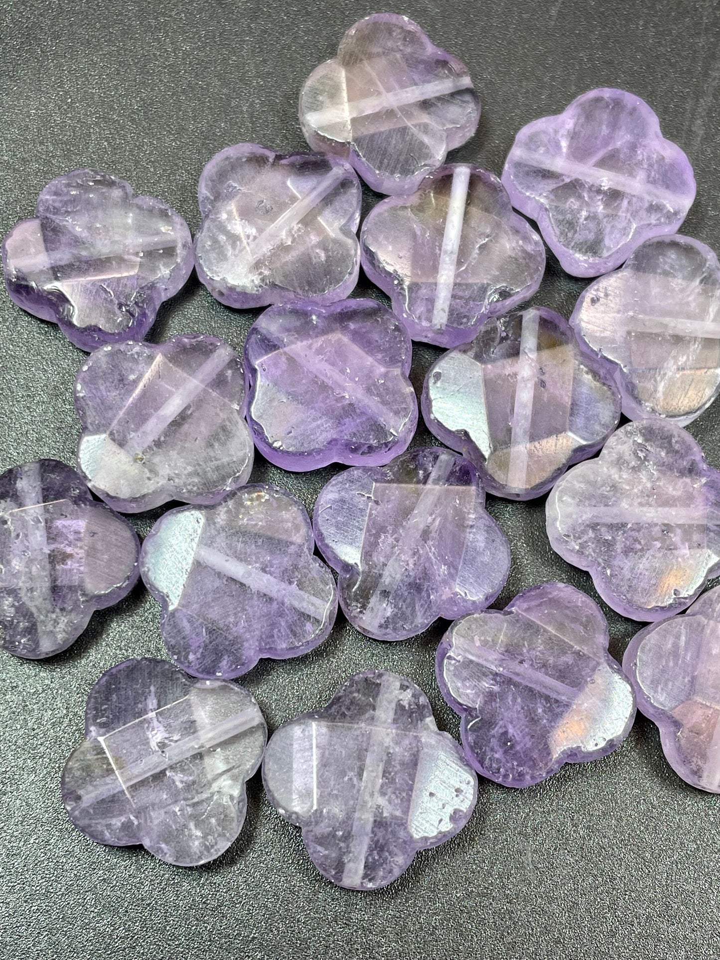 Natural amethyst stone bead. 17x17mm faceted clover flower shape. Gorgeous natural purple lavender color. Great quality amethyst pendant.