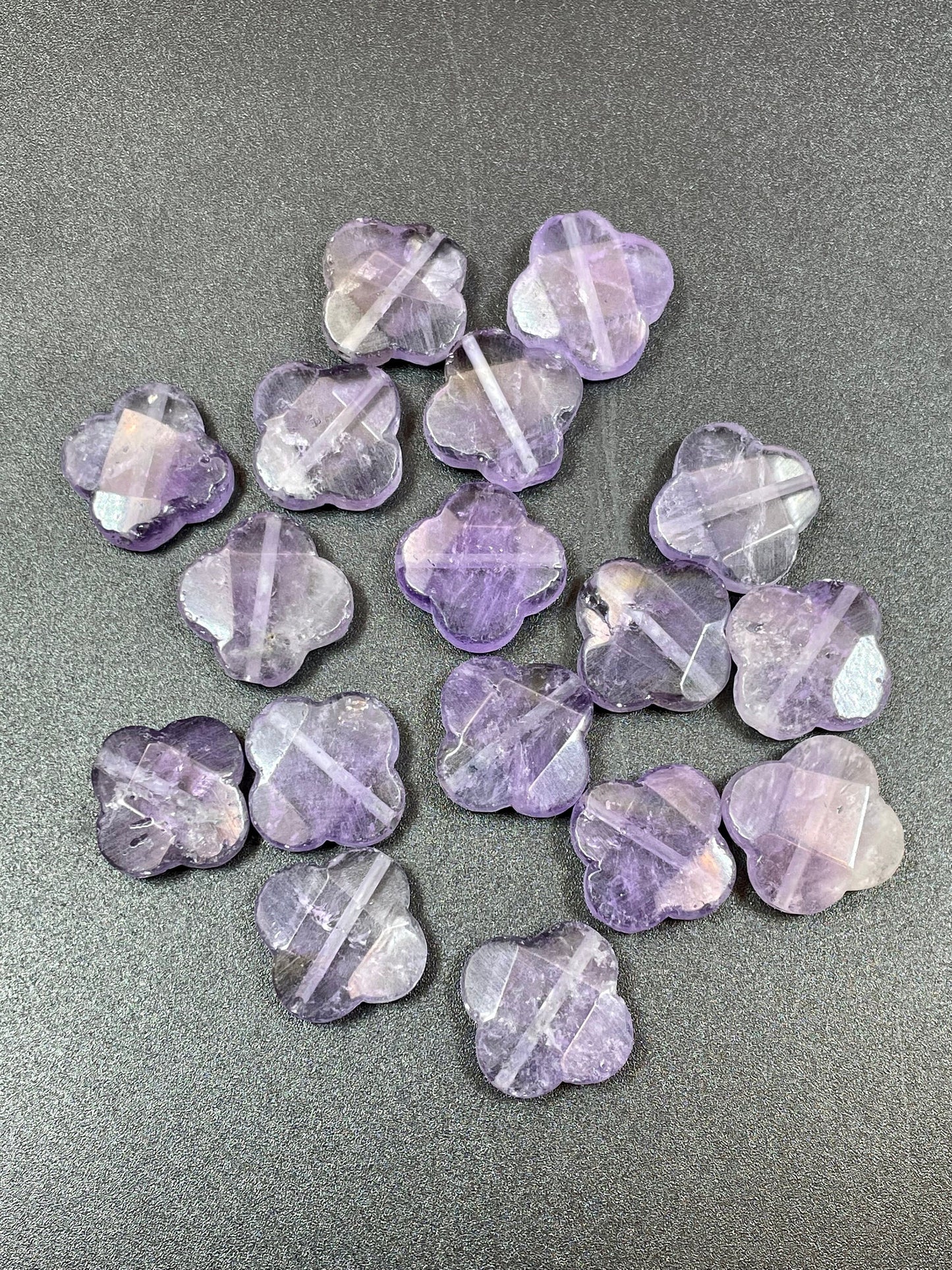 Natural amethyst stone bead. 17x17mm faceted clover flower shape. Gorgeous natural purple lavender color. Great quality amethyst pendant.