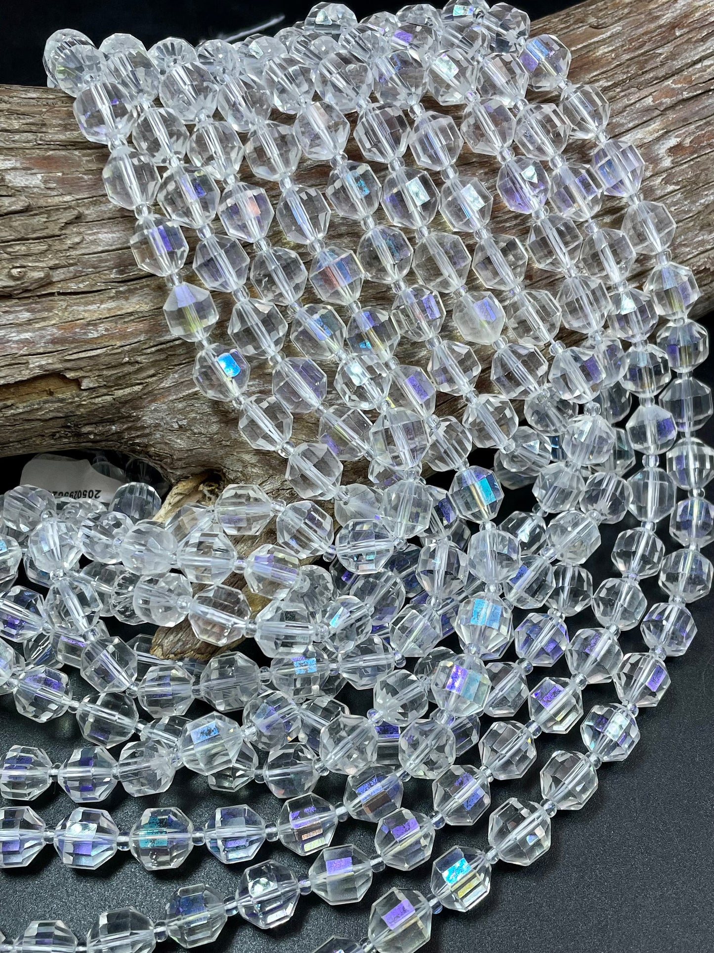 Natural Clear Rock Crystal Quartz stone bead. Faceted 10mm diamond cut shape. Beautiful Mystic clear color, rainbow flash. Full strand 15.5"