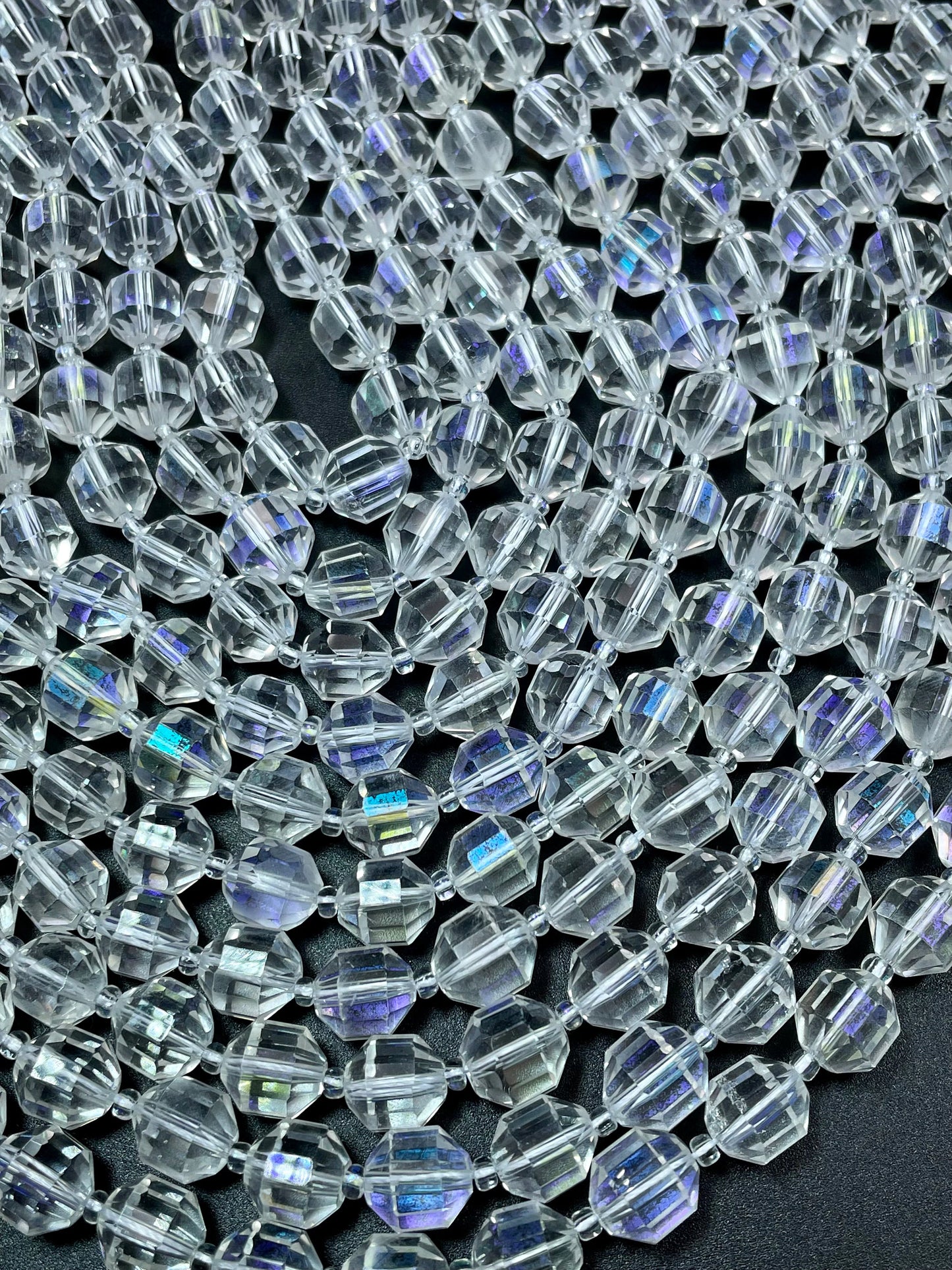 Natural Clear Rock Crystal Quartz stone bead. Faceted 10mm diamond cut shape. Beautiful Mystic clear color, rainbow flash. Full strand 15.5"